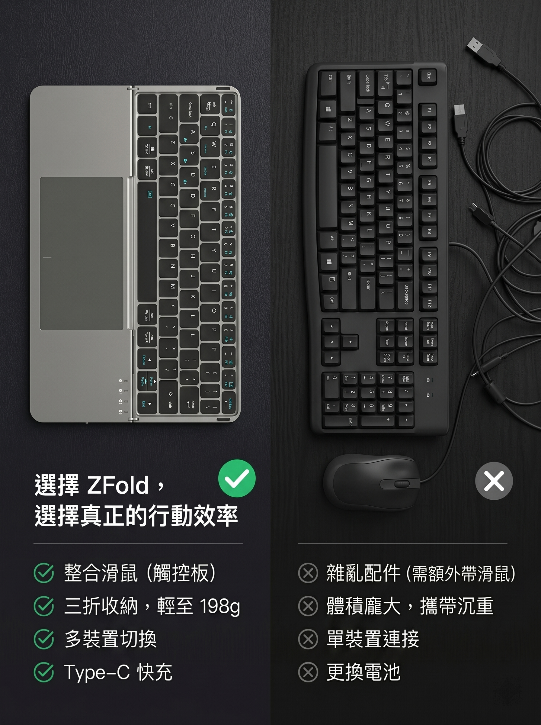 ZFold 折疊式藍牙鍵盤｜內建觸控板・手機平板筆電通用